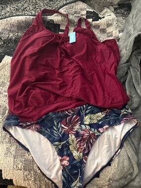 Women’s Two-Piece Tankini Swim Set - Burgundy Top & Navy Floral Bottom